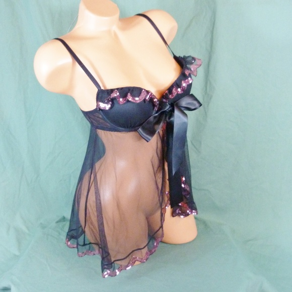 Victorias Secret 34C Medium Black Baby Doll Lingerie Sequin Bling - Picture 2 of 8